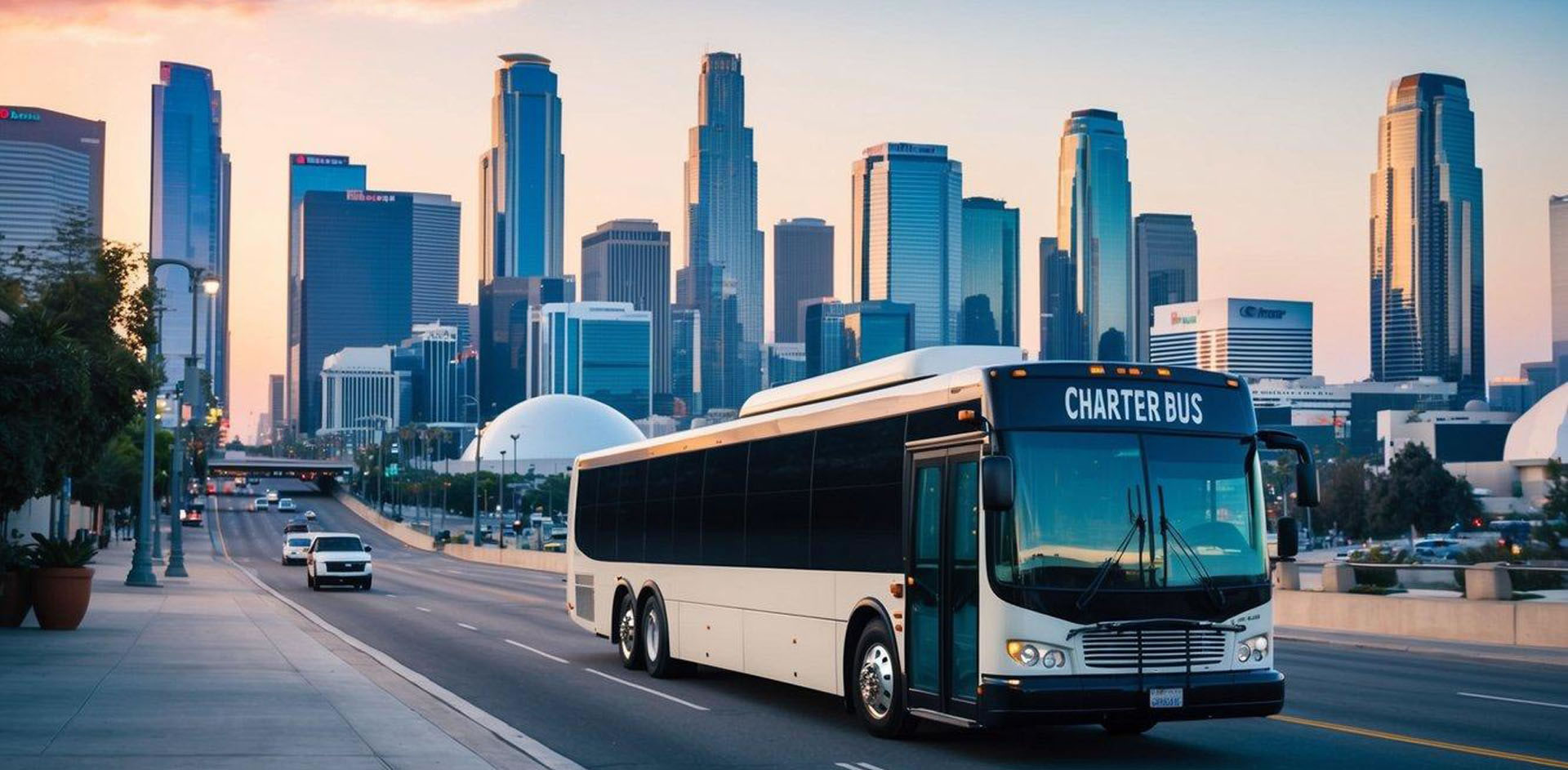 A charter bus navigating through the bustling streets of downtown Los Angeles, passing by towering skyscrapers and convention centers
